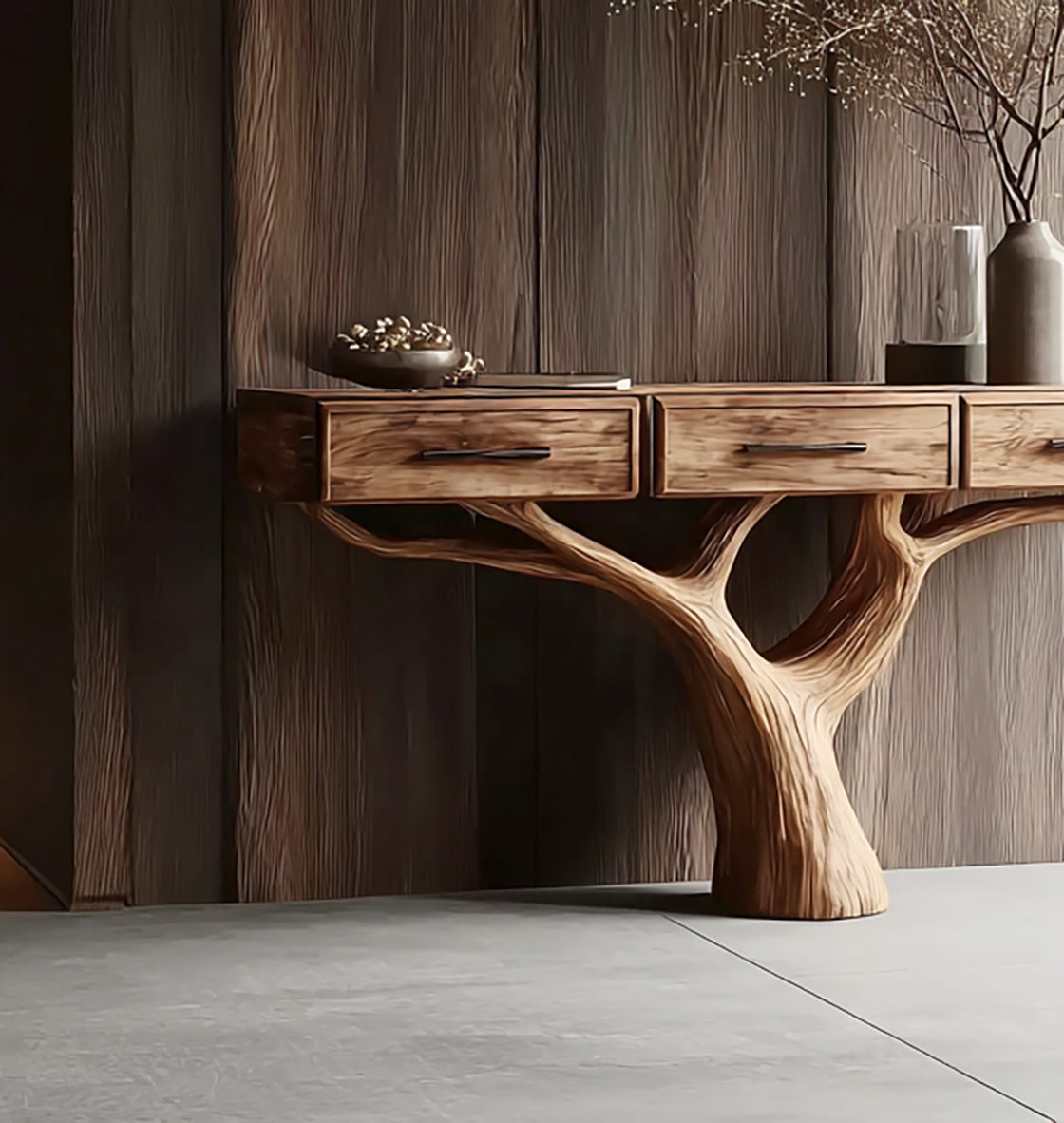 Handgefertigter Naturholz-Konsolentisch mit Baum-inspirierter Basis – Luxus für Diele