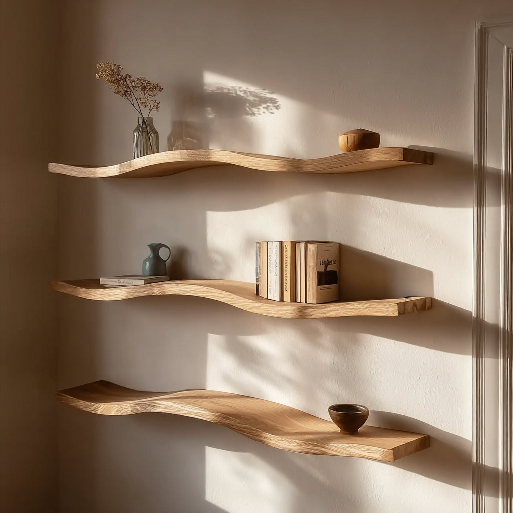 Rustikales schwebendes Wandregal mit Naturkante – Massivholz Walnuss