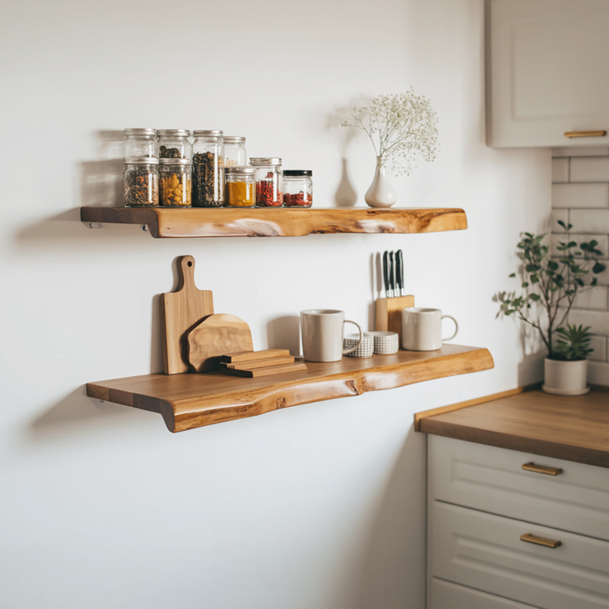 Schwebendes Küchenregal aus Walnuss mit Naturkante – Massivholz Wandregal