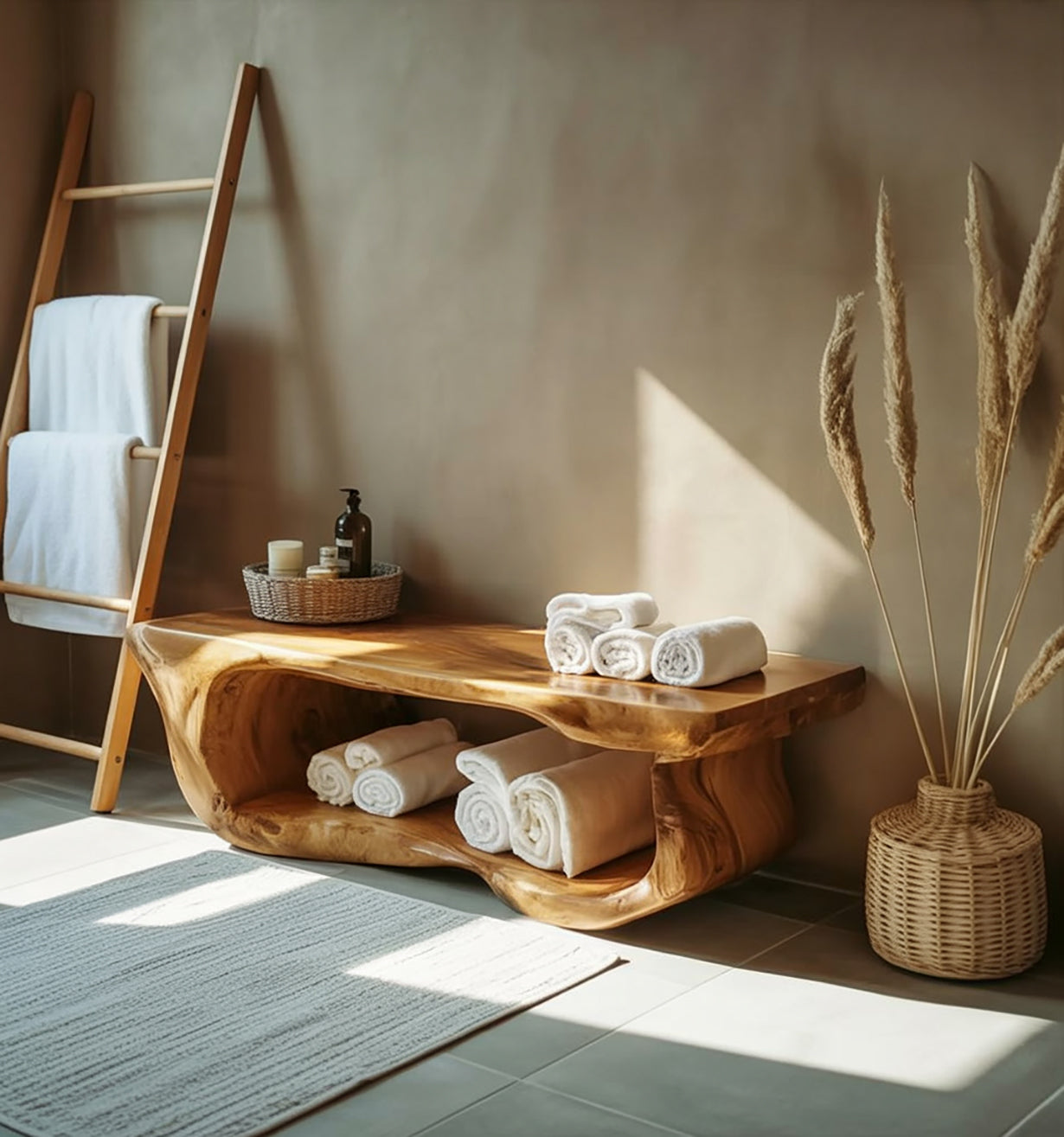 Handgefertigte Badezimmerbank aus Massivholz mit Stauraum