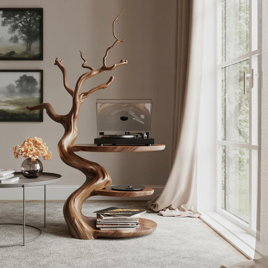 Handgefertigter Plattenspieler-Ständer aus Holz mit Vinyl-Aufbewahrung