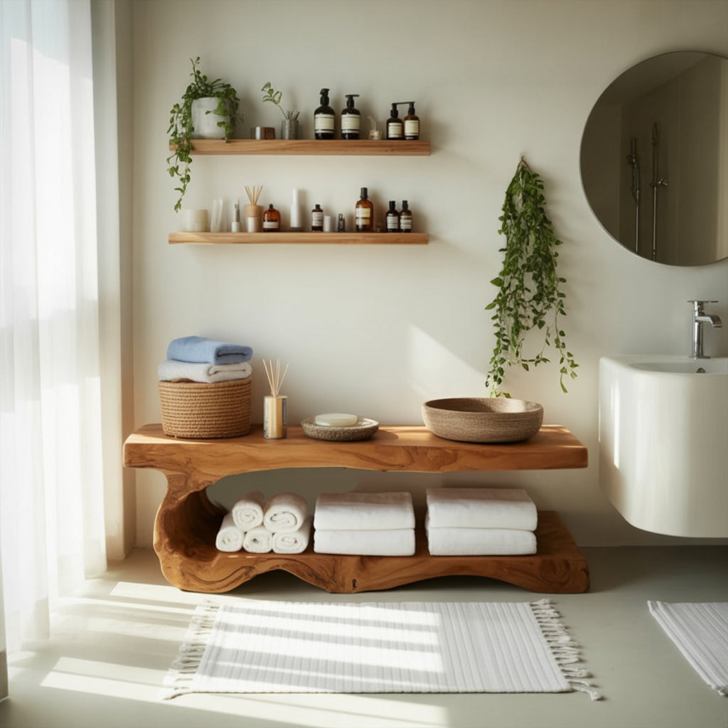 Organische Massivholz-Badbank – Handgefertigt mit Stauraum