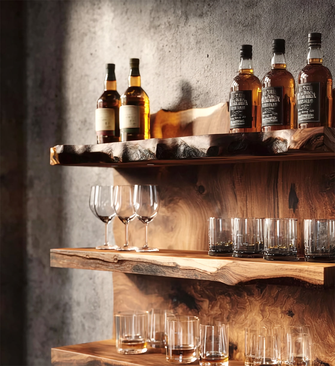 Handgefertigtes schwebendes Barregal aus Massivholz – rustikales Wanddekor