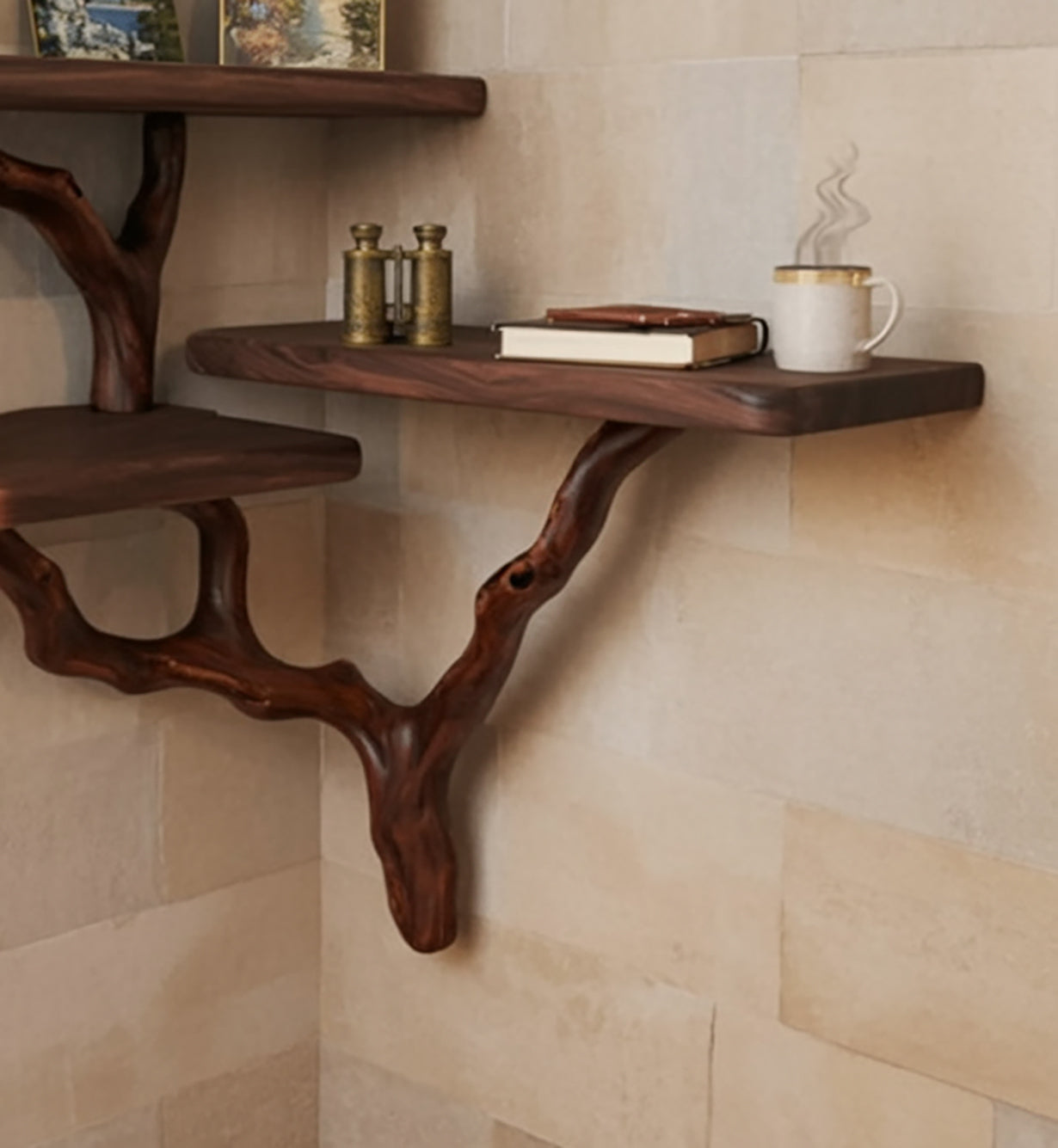Organische Eckregale aus Holz mit Live Edge und Aststütze – rustikal