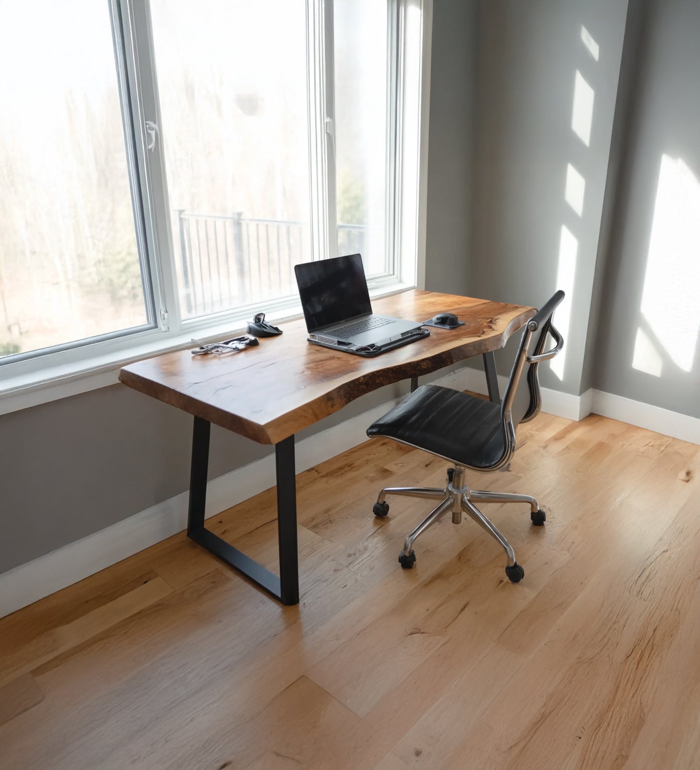 Schreibtisch mit Baumkante – handgefertigt aus Massivholz, Metallbeine, rustikal