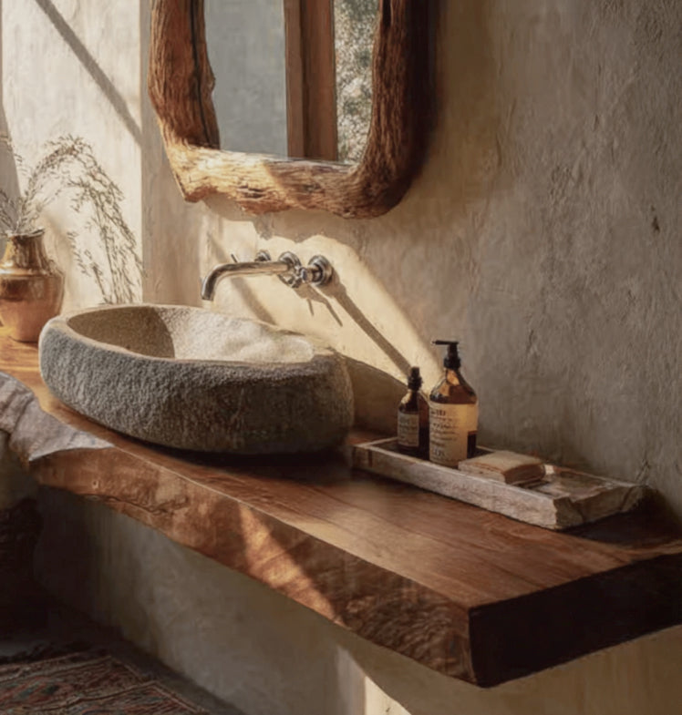 Rustikaler Massivholz-Waschtisch mit Baumkante – schwebendes Badezimmerregal