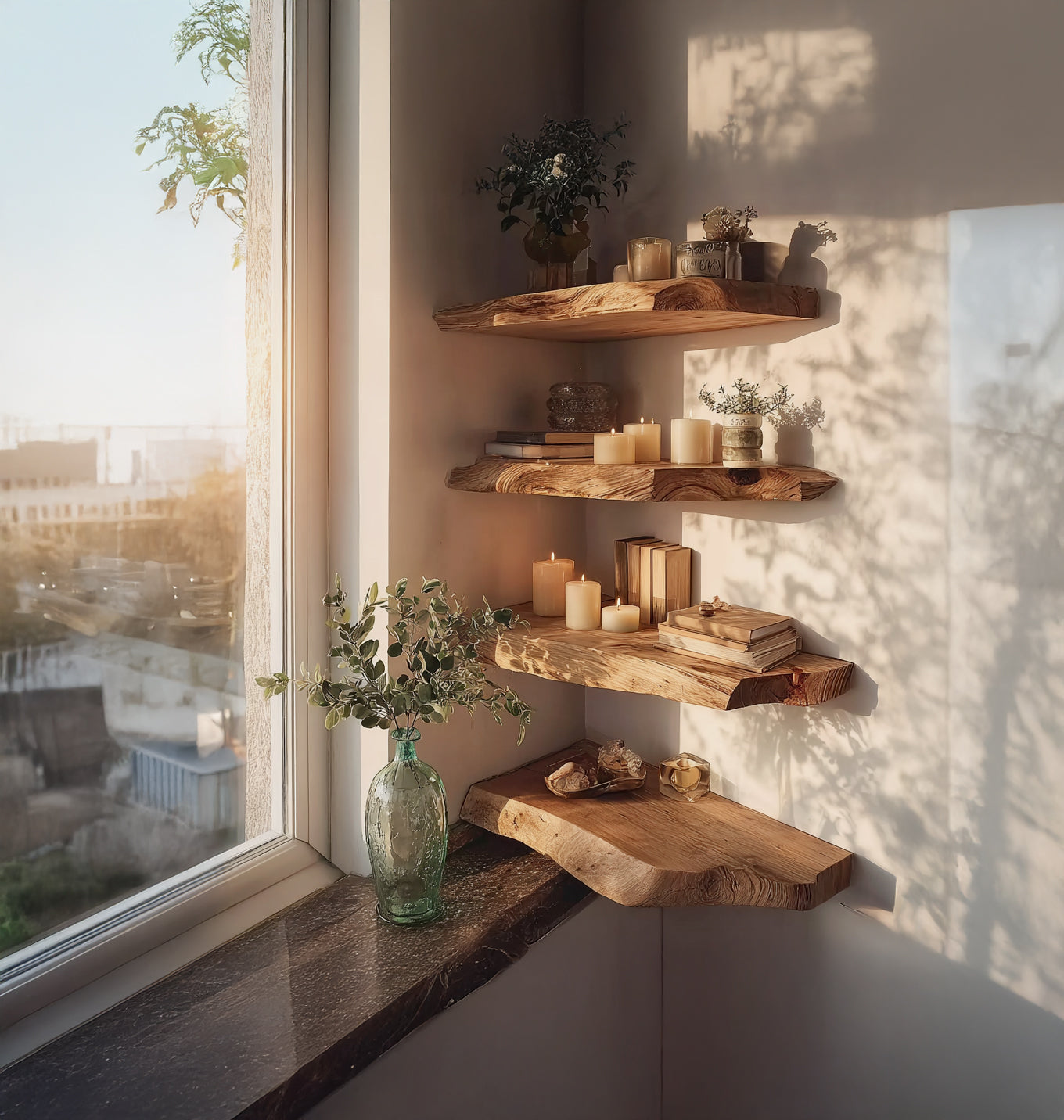 Handgefertigtes Wandregal – rustikales Floating-Eckregal im Landhausstil mit Baumkante