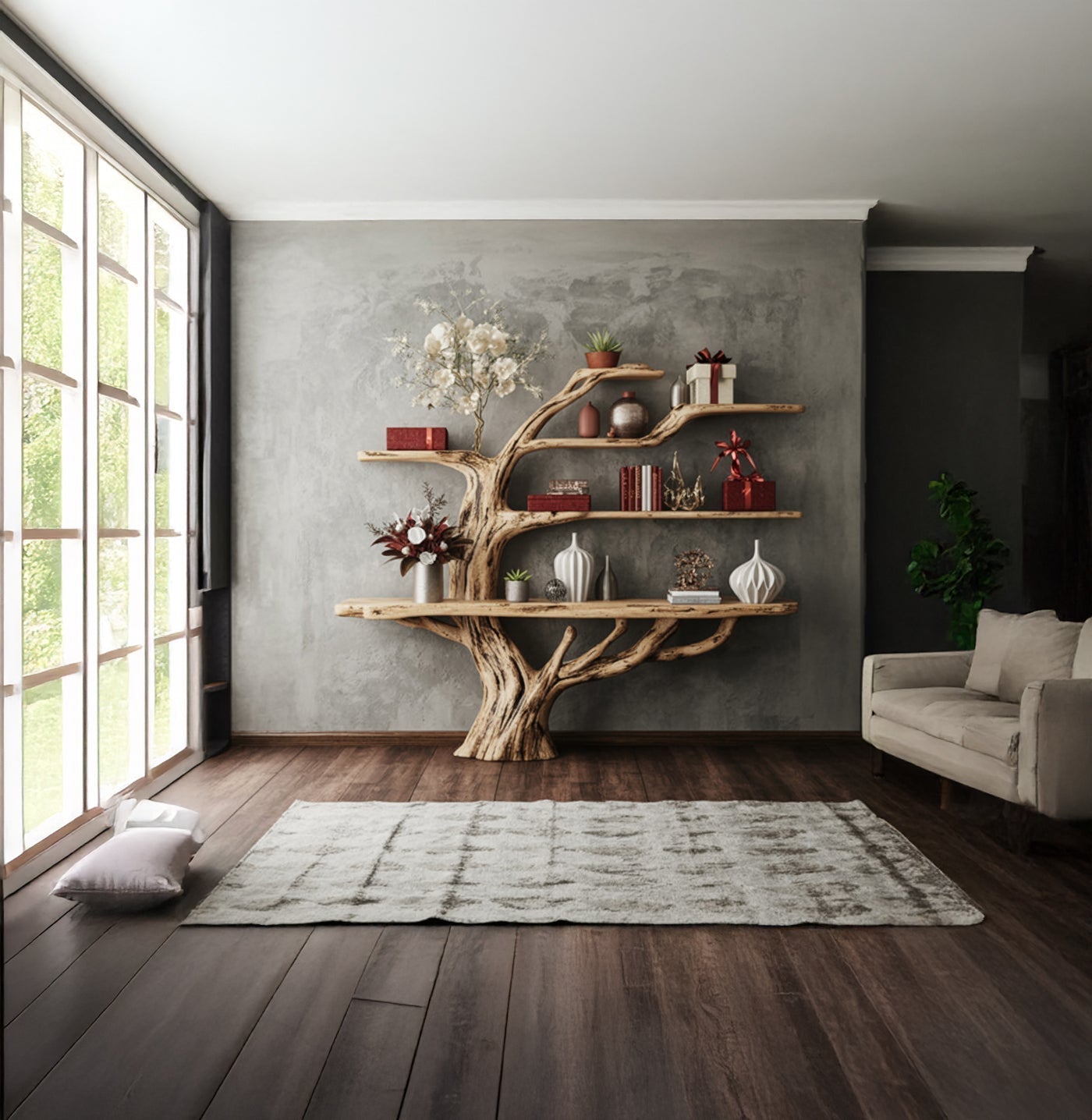 Handgefertigtes rustikales Baumregal aus Holz – Massivholz-Wandkunst
