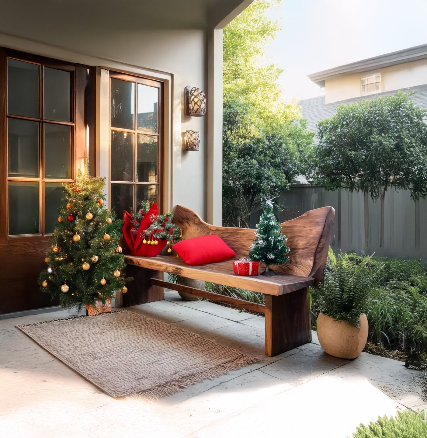 Rustikale handgefertigte Outdoor-Holzbank – geschwungene Rückenlehne