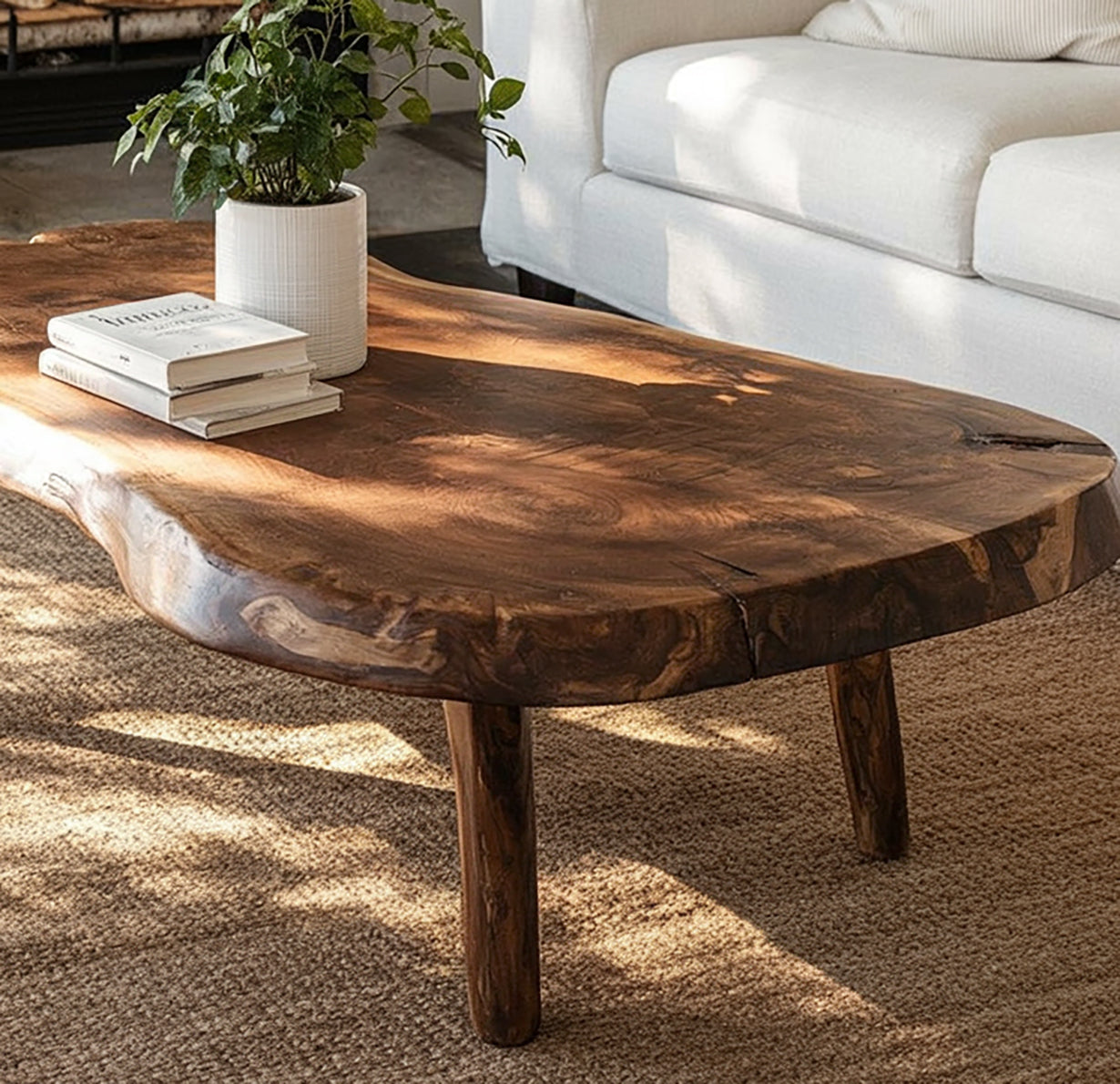 Handgefertigter Massivholz-Couchtisch mit Naturkante – Rustikal & Organisch