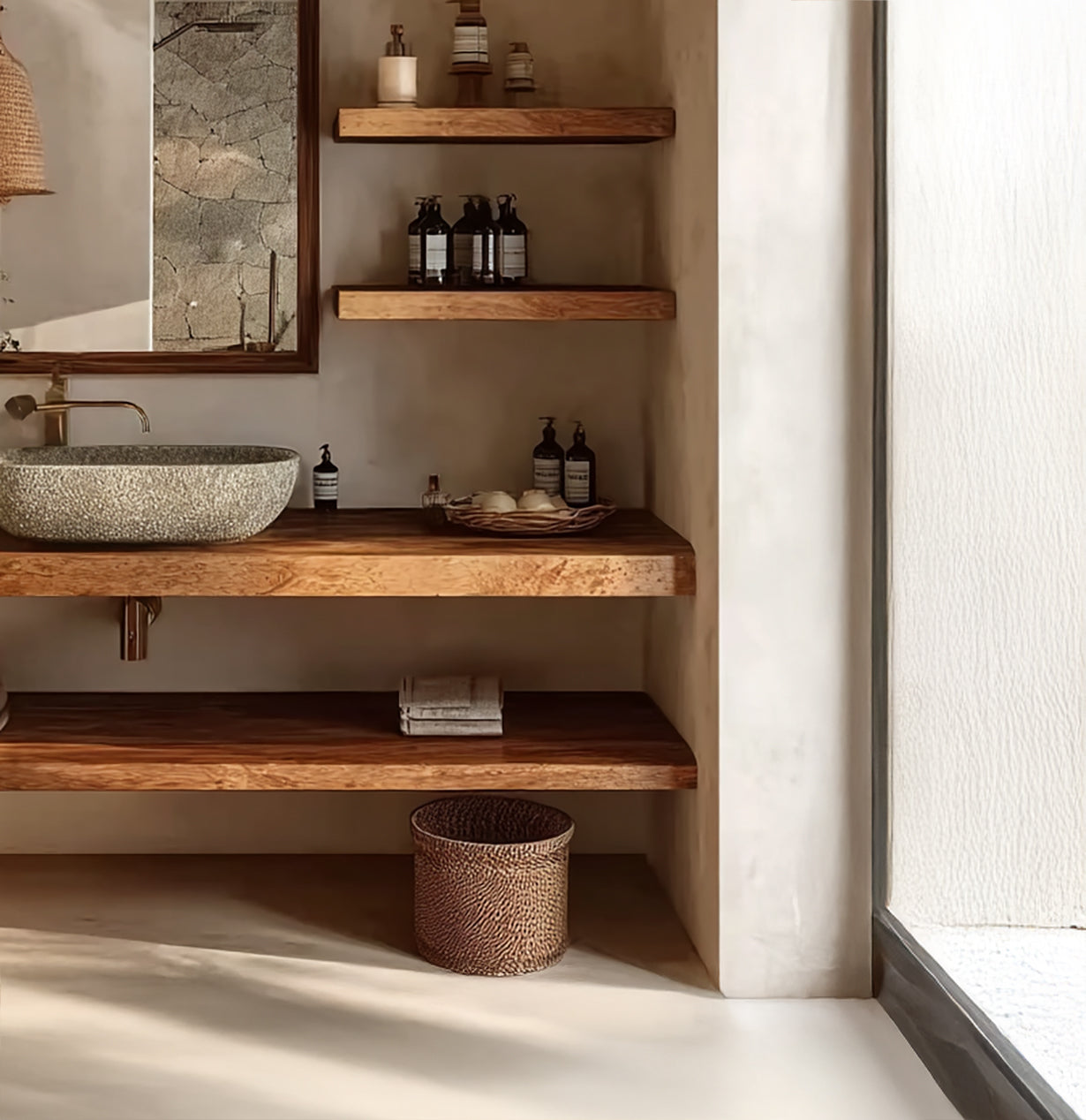 Rustikaler schwebender Holz-Waschtisch – Handgefertigt & Offene Ablagen