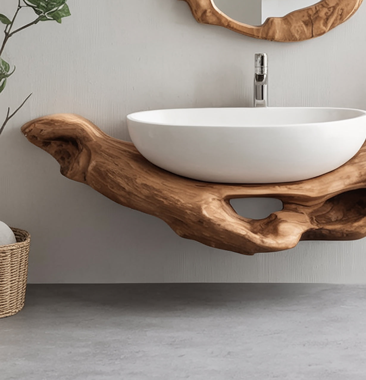 Organisches Waschtischregal aus Massivholz mit Live Edge – handgefertigt