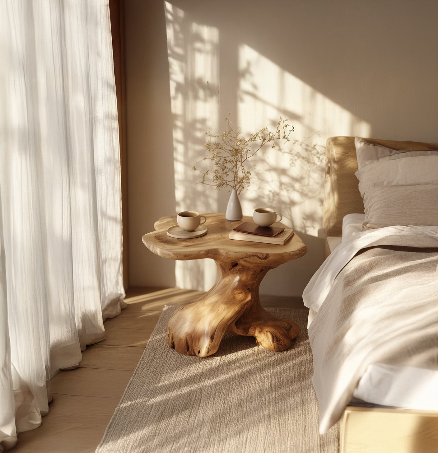 Natural wooden bedside table with cups, books, and vase in sunlit minimalist bedroom