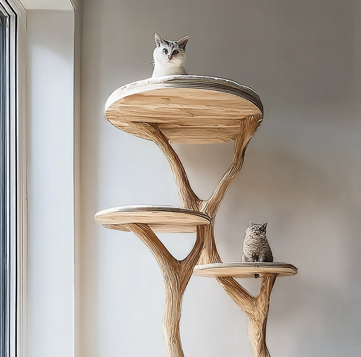 Handgefertigter Katzenbaum aus Massivholz mit organischem Astdesign