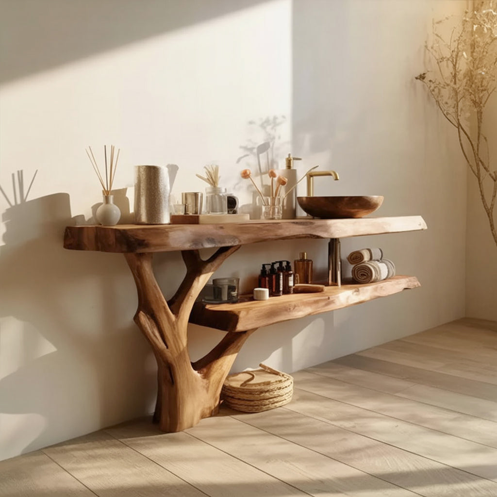 Waschtischunterschrank aus Massivholz mit Live Edge im Landhausstil