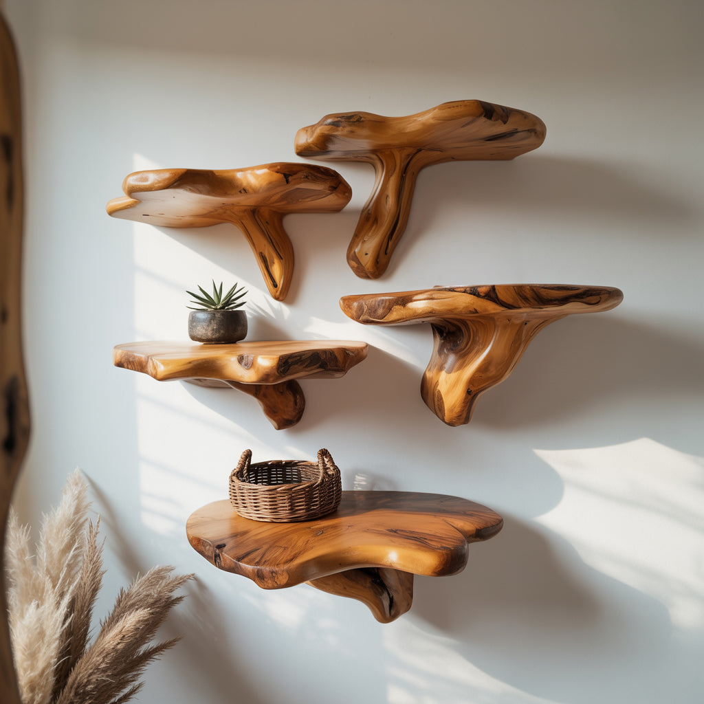 Handgefertigtes Wandregal – Rustikal, Massivholz, Live Edge Pilz-Wanddekoration