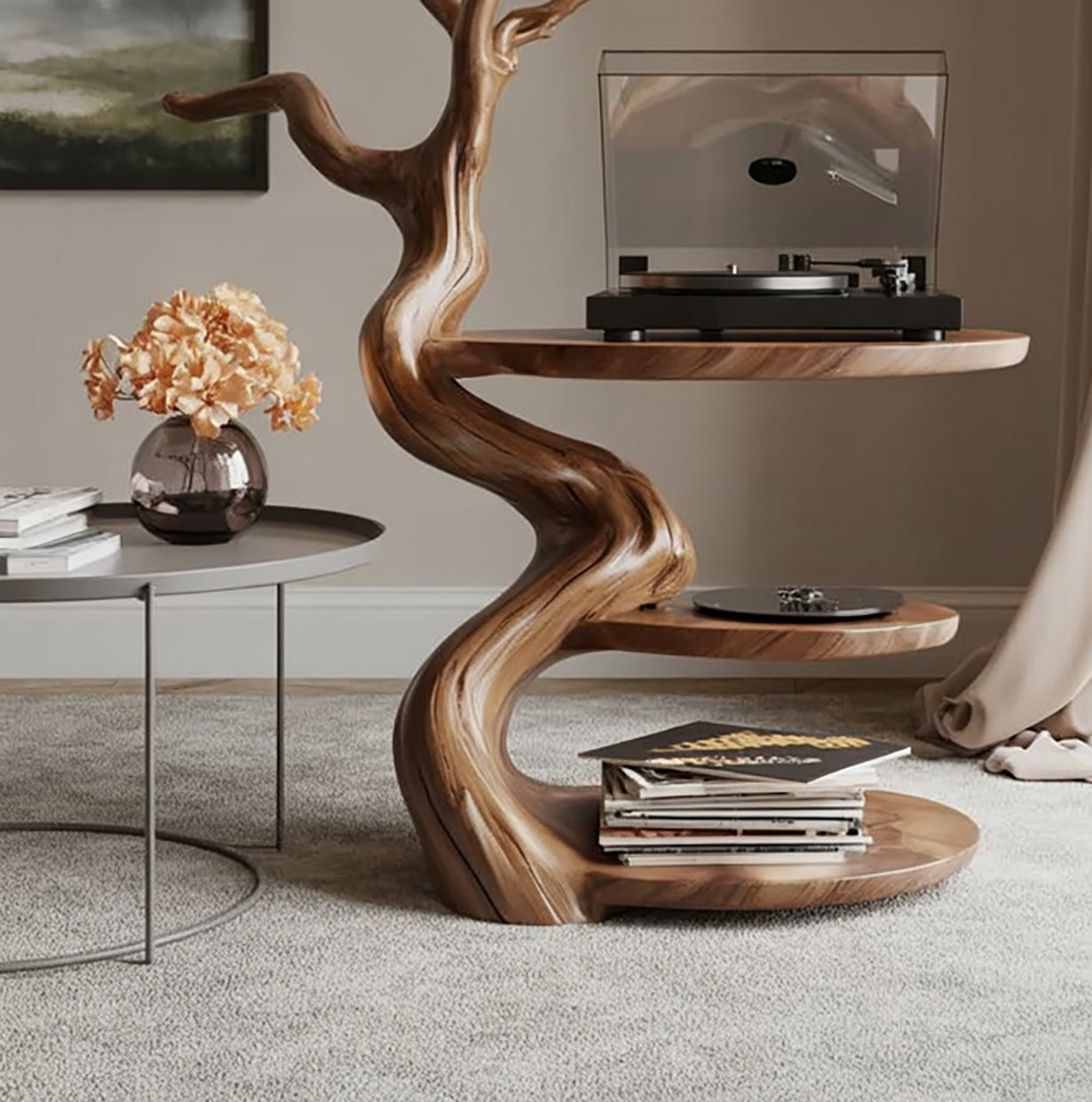 Handgefertigter Plattenspieler-Ständer aus Holz mit Vinyl-Aufbewahrung