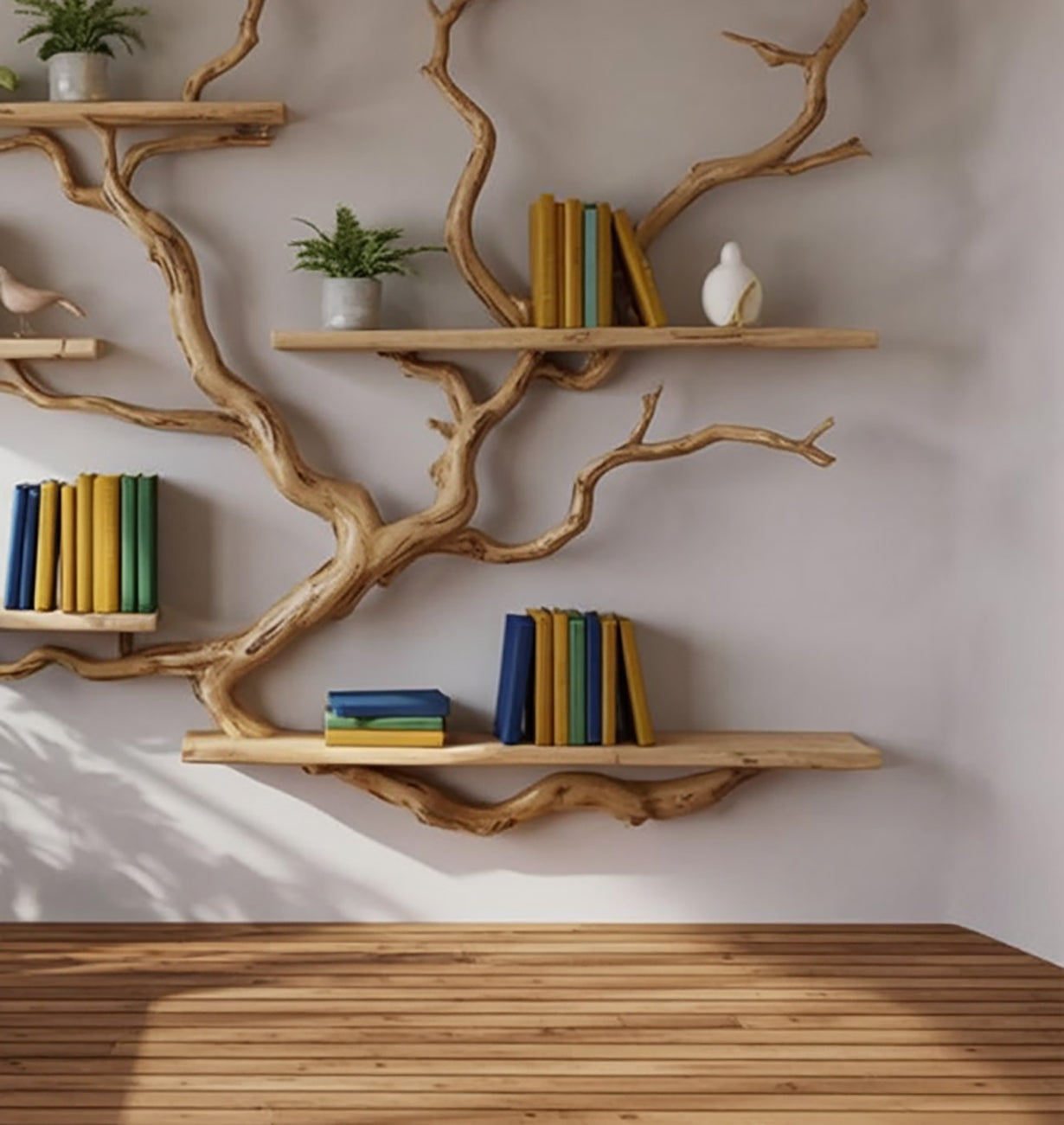 Handgefertigtes Baum-Wandbücherregal – Skulpturales Holzdesign