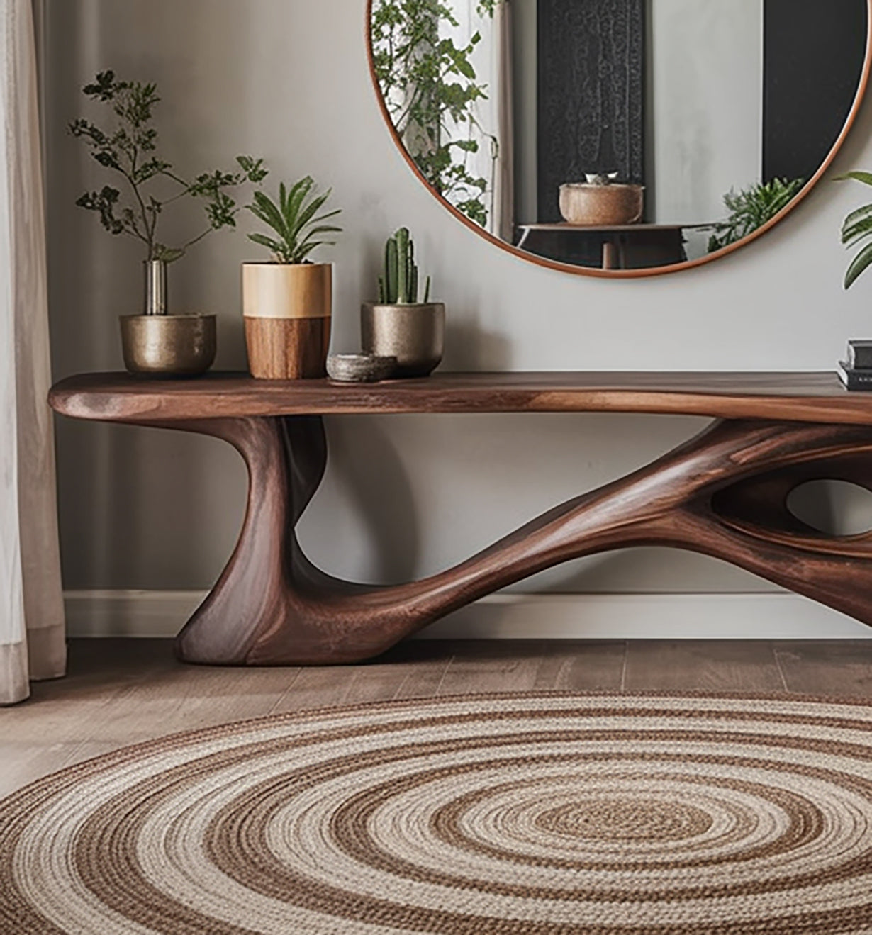 Handgefertigter rustikaler moderner Konsoltisch – Naturholz-Design