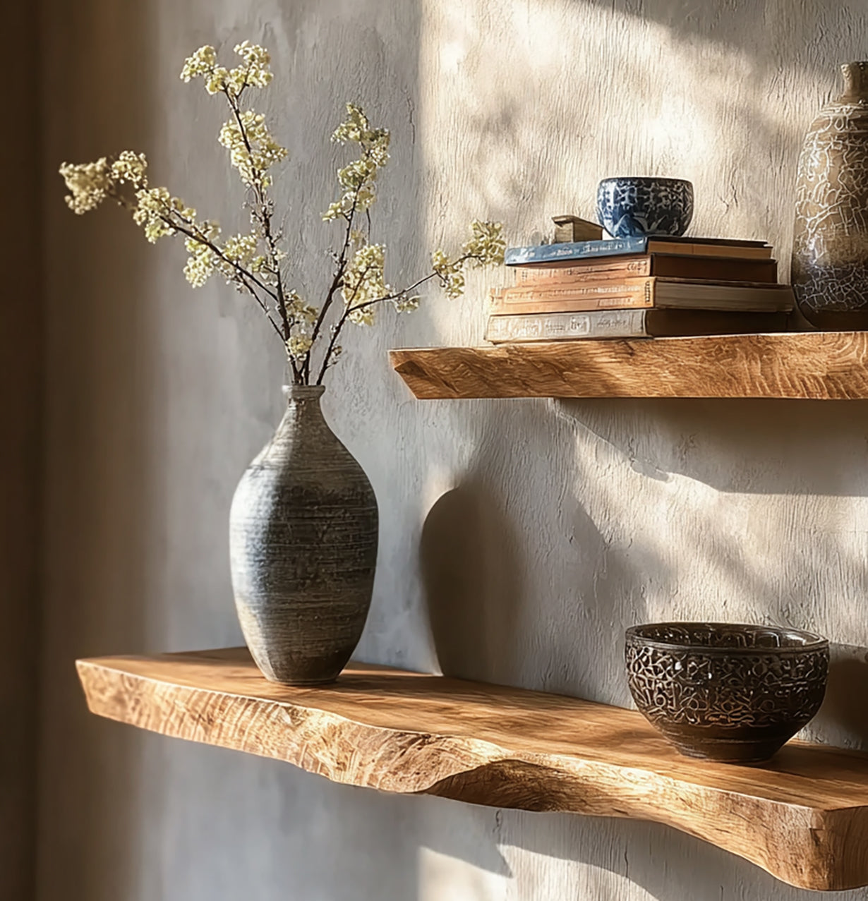 Natürliche Live-Edge-Floating Shelves – tiefes, wandmontiertes Regal