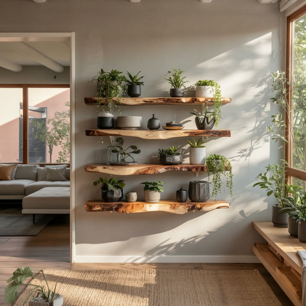 Eck-Schweberegal mit Baumkante – Maßgefertigtes Regal für Wohndeko & Einzugsgeschenk