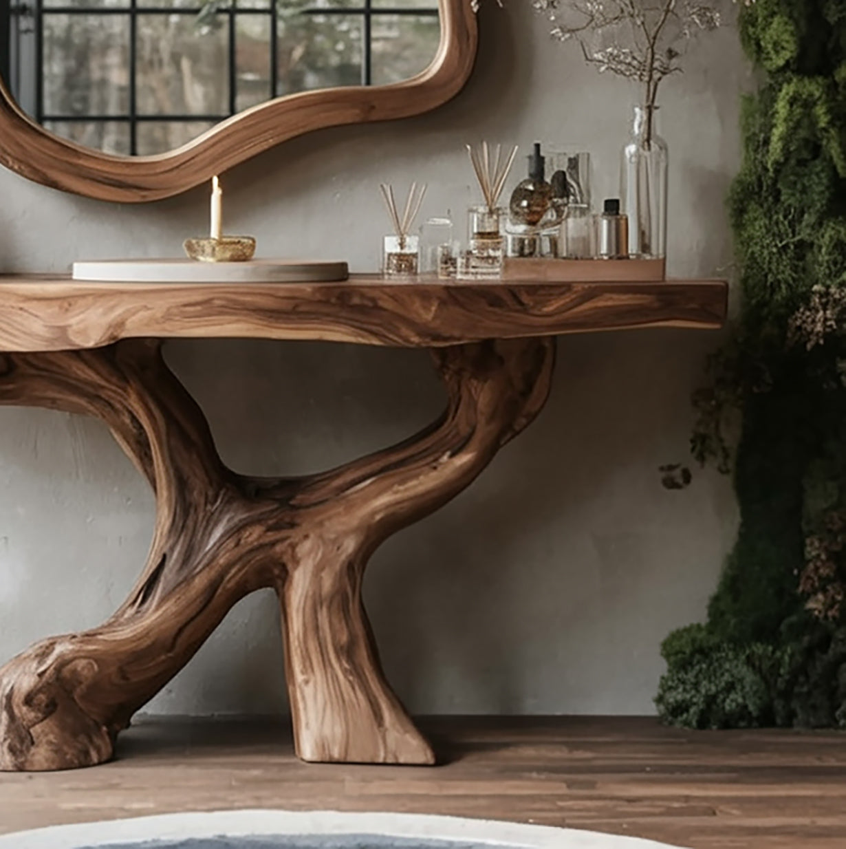 Live-Edge Teak Badezimmerwaschtisch mit organischem Wurzelgestell