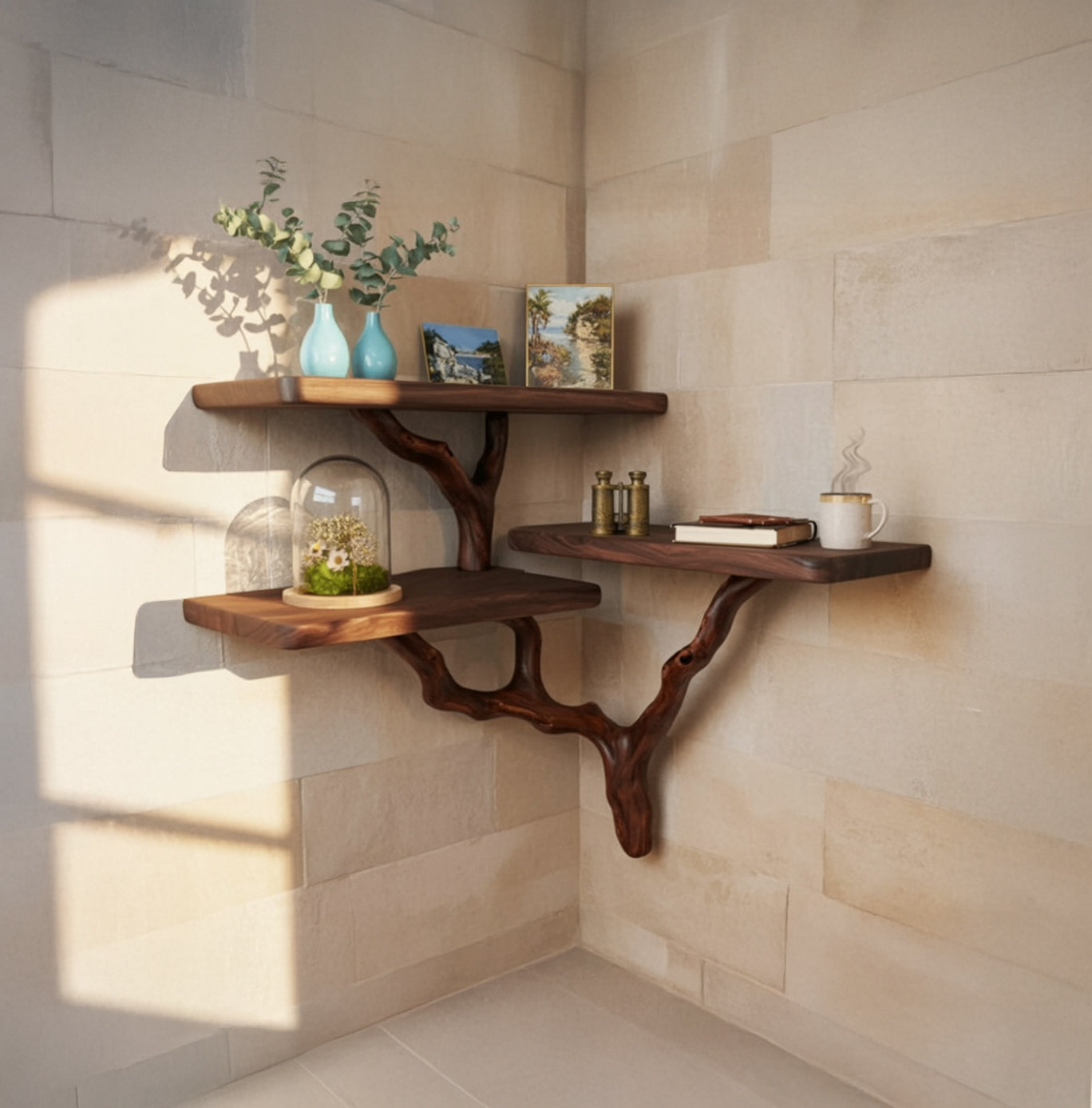 Organische Eckregale aus Holz mit Live Edge und Aststütze – rustikal