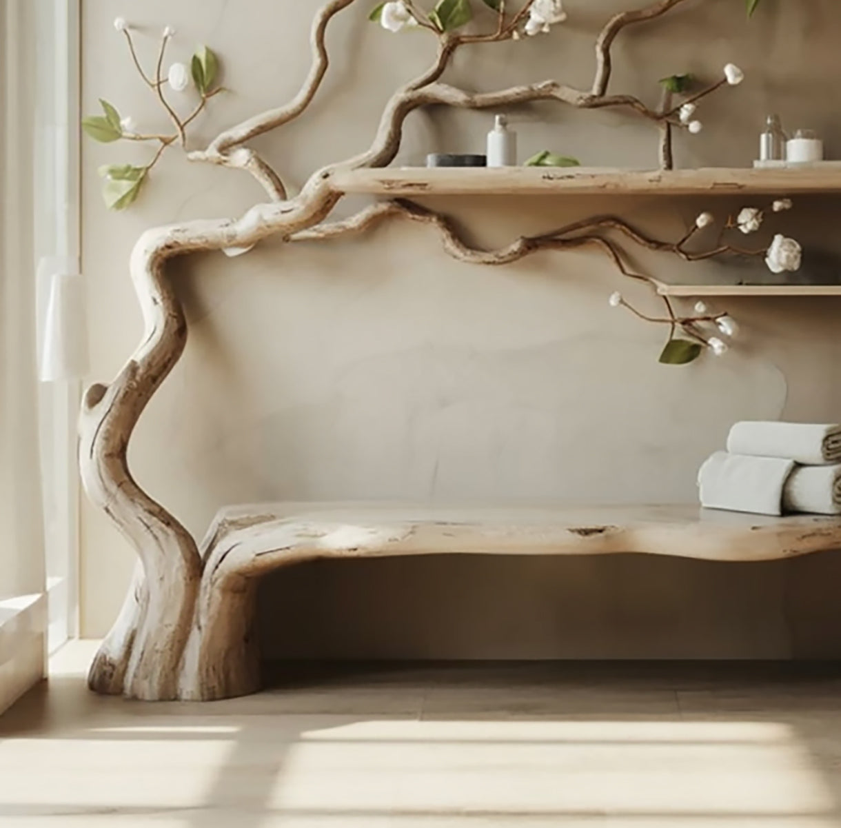 Handgefertigtes Baum-inspiriertes Wandregal & Bank aus Massivholz