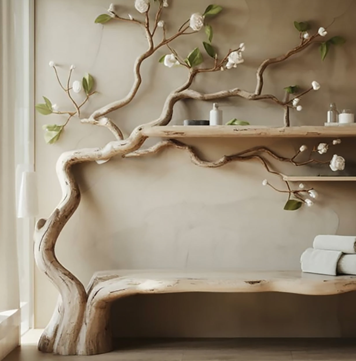Handgefertigtes Baum-inspiriertes Wandregal & Bank aus Massivholz
