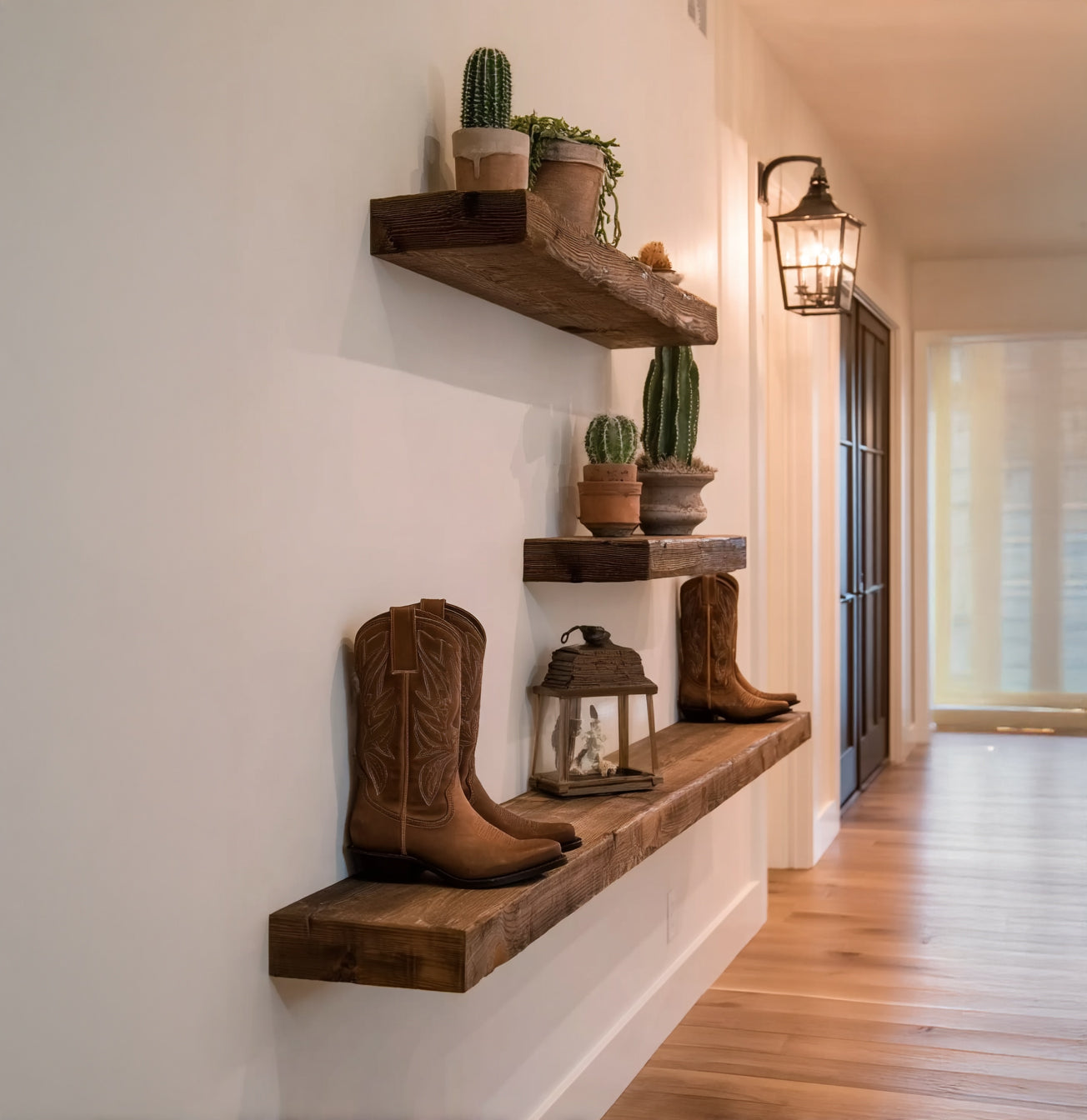 Wooden wall shelves in hallway holding brown cowboy boots, potted cacti, and lantern with light fixture