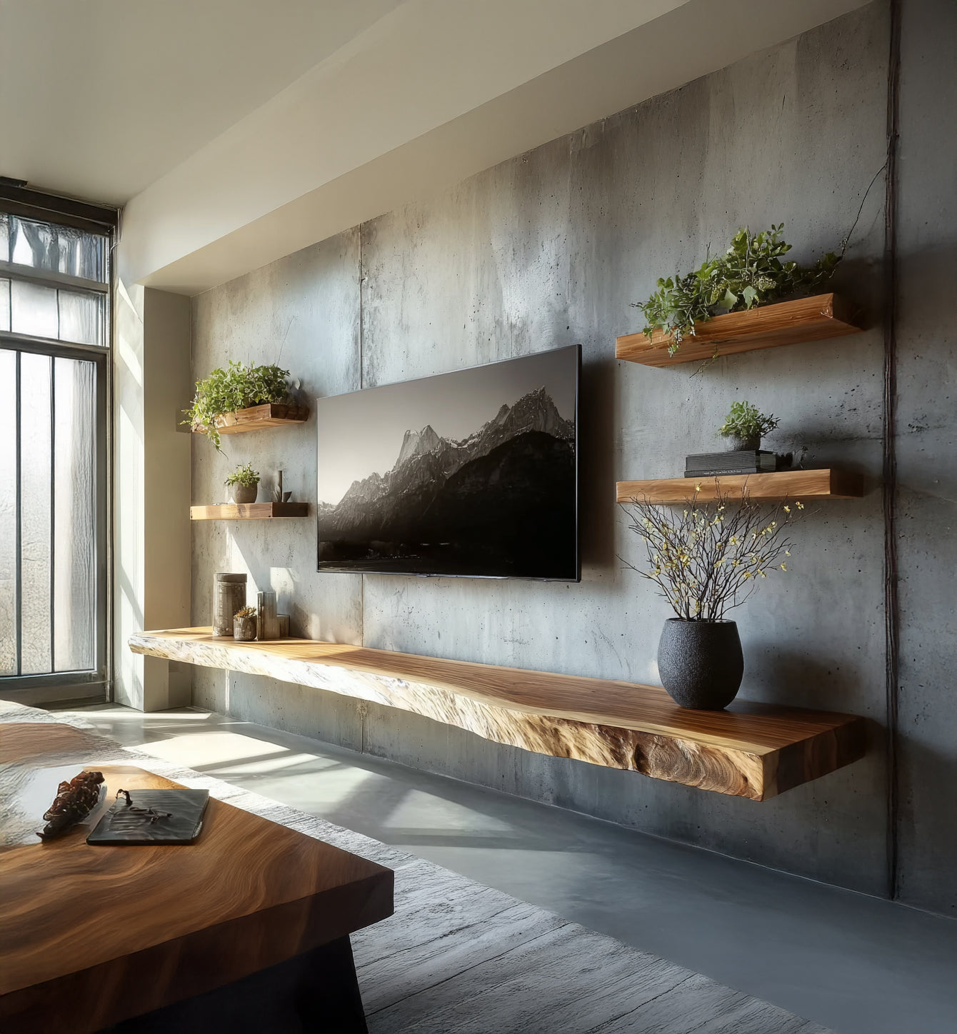 Schwebendes TV-Lowboard aus Massivholz mit Baumkante – handgefertigt