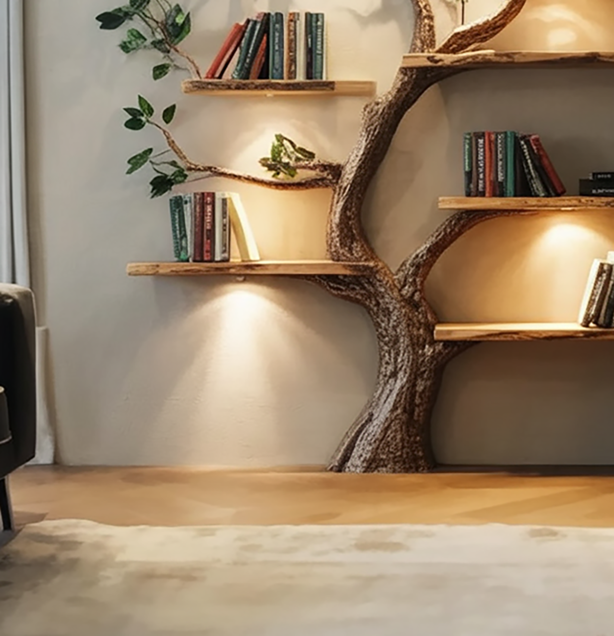 Handgefertigtes Baum-Bücherregal – Wandregal aus Naturholz