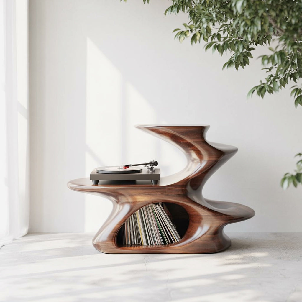 Skulpturaler Holz-Plattenspielerständer – Organischer moderner Vinyl-Tisch