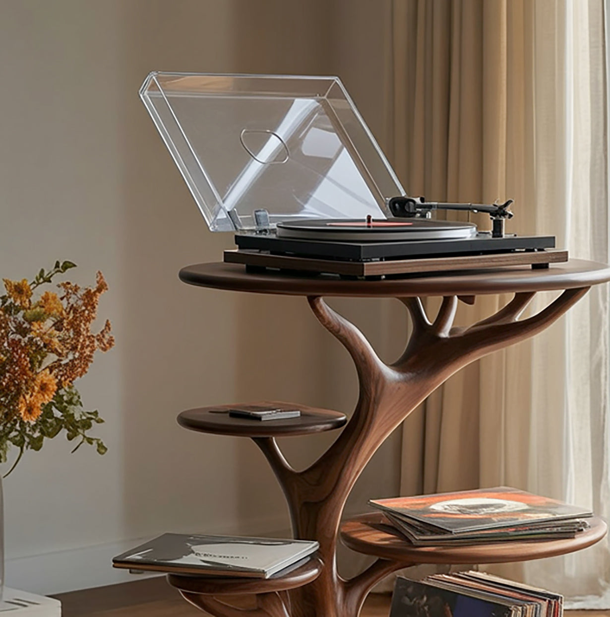 Handgefertigter Plattenspieler-Ständer aus Holz – Künstlerischer Vinyl-Tisch