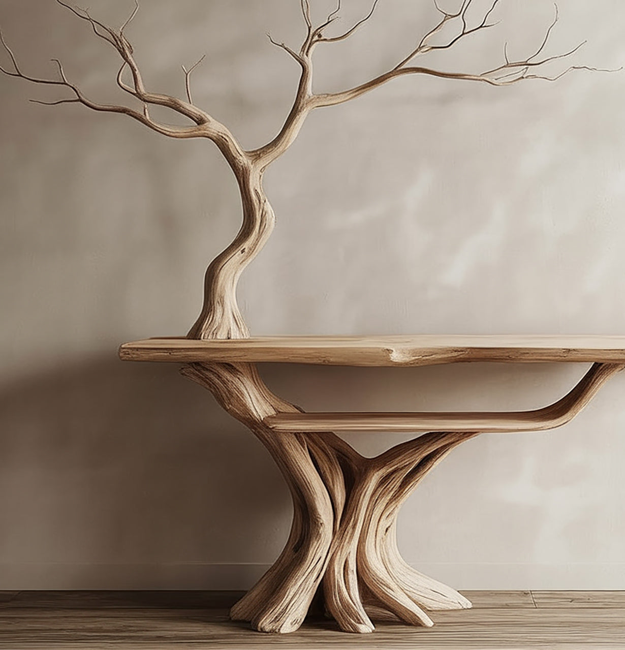 Handgefertigter Konsolentisch aus Massivholz – Skulpturales Baumdesign