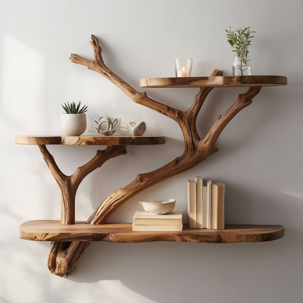 Handgefertigtes Baum-Wandbücherregal – Skulpturales schwebendes Holzregal