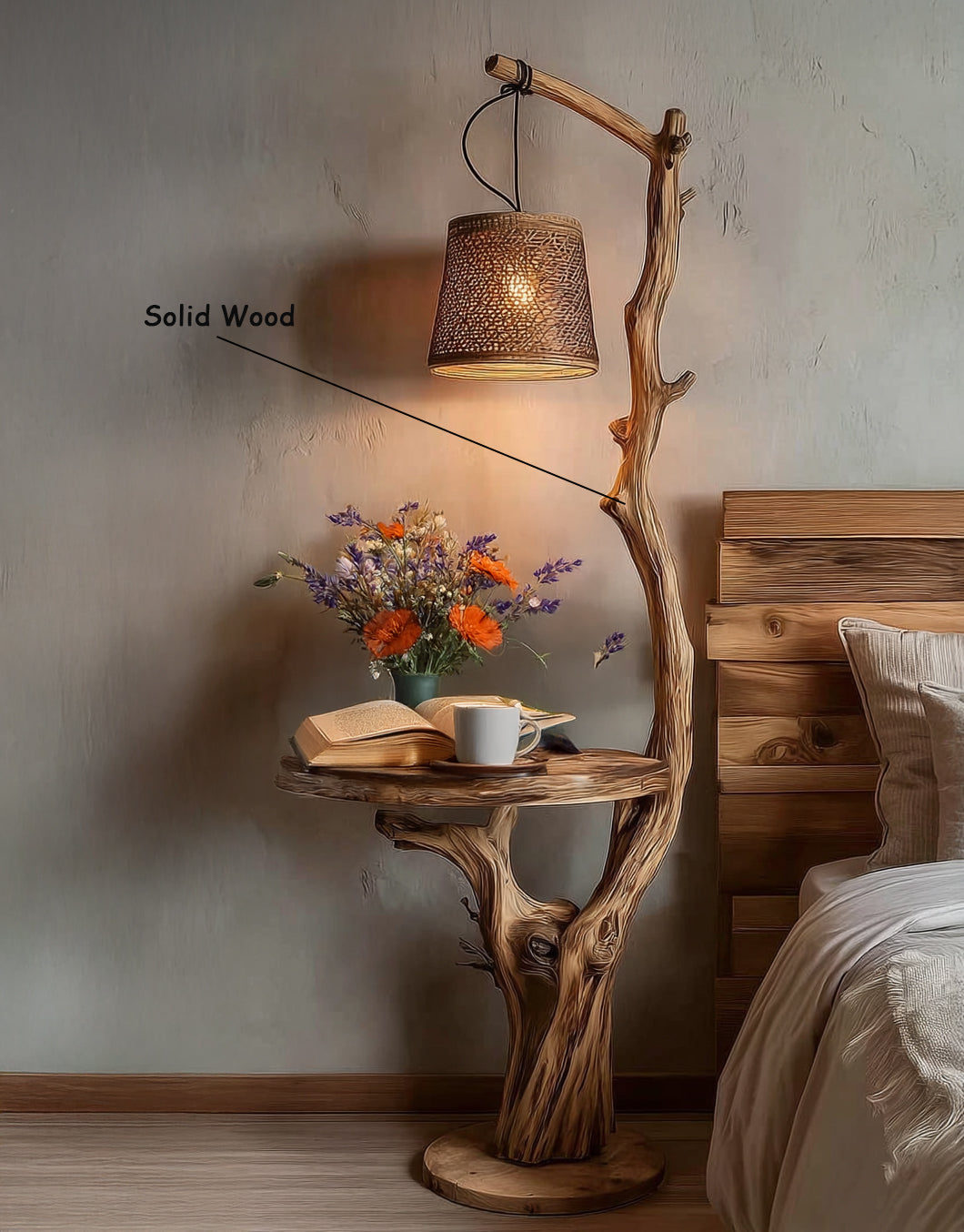 Rustikale Stehlampe aus Treibholz mit Regalen – Handgefertigte Holz-Stehleuchte