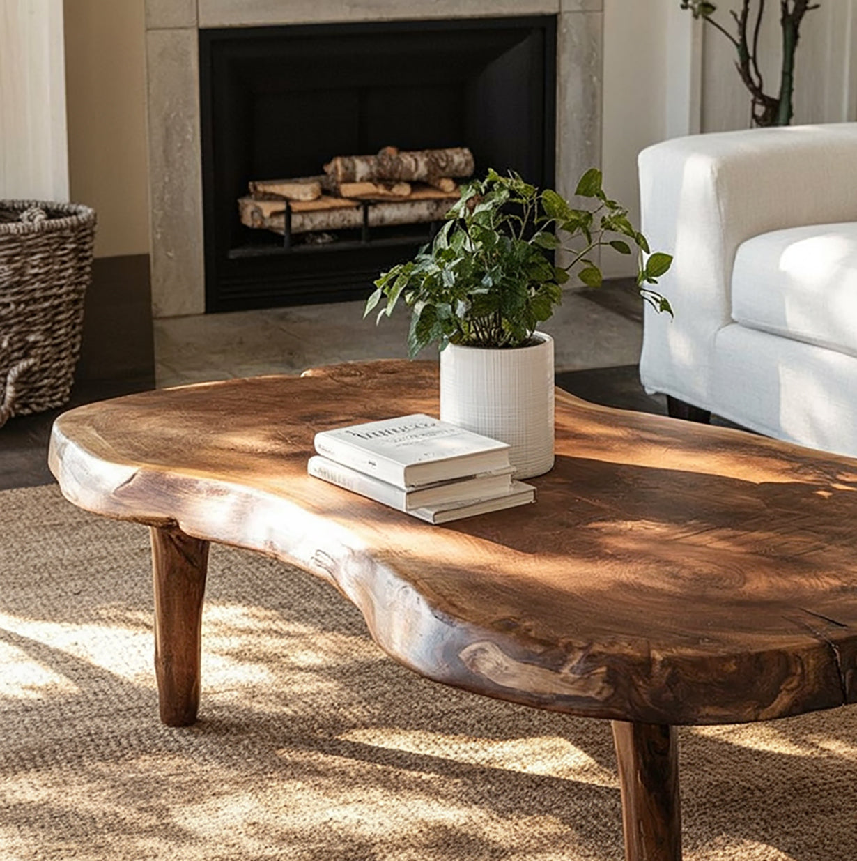 Handgefertigter Massivholz-Couchtisch mit Naturkante – Rustikal & Organisch