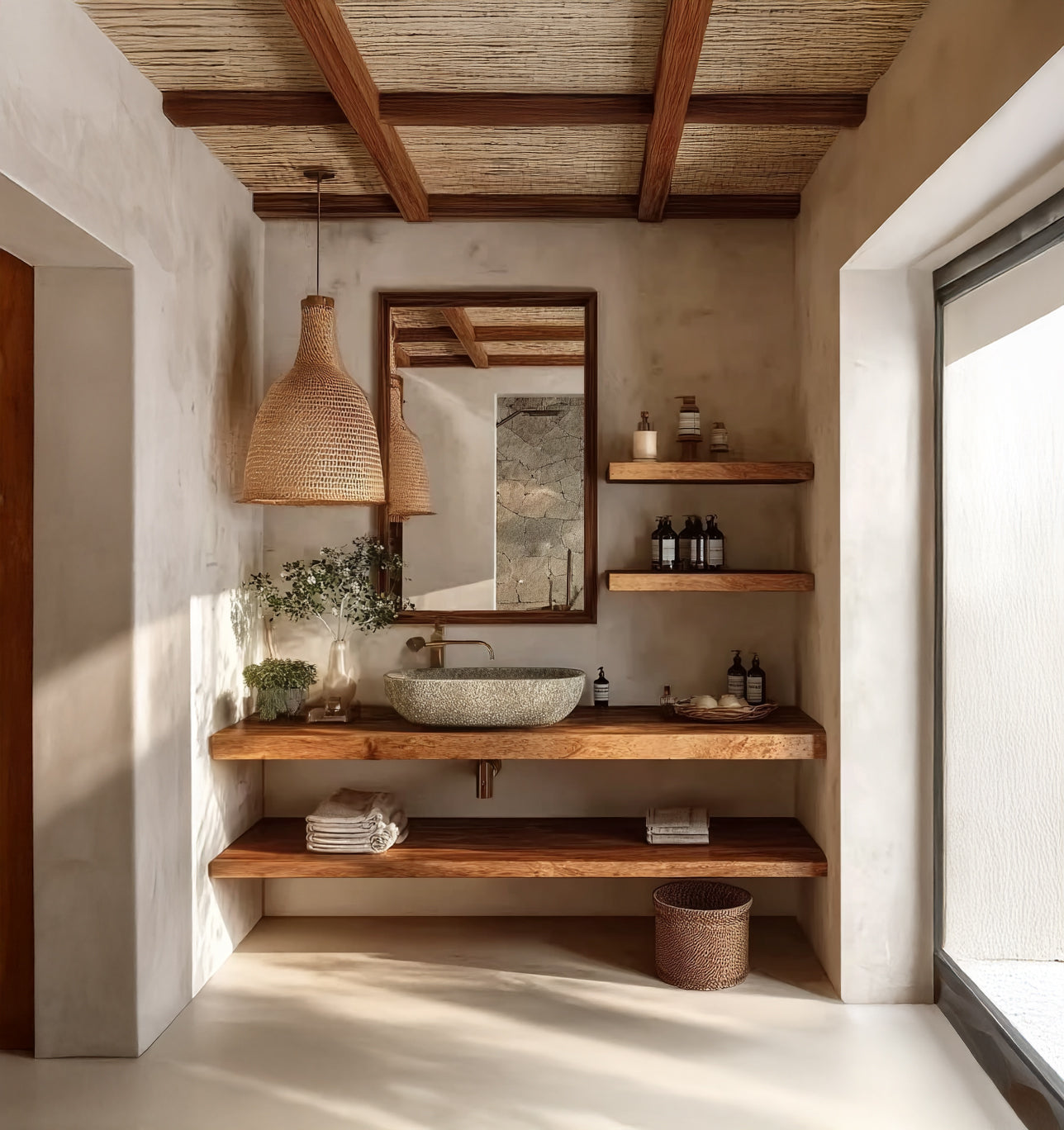 Rustikaler schwebender Holz-Waschtisch – Handgefertigt & Offene Ablagen