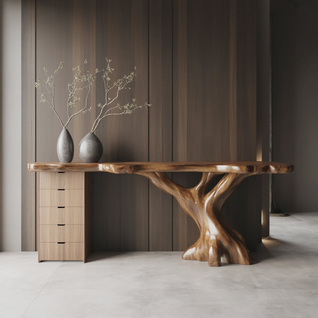 Live-Edge Schreibtisch aus Massivholz mit handgefertigtem Baumstamm-Gestell