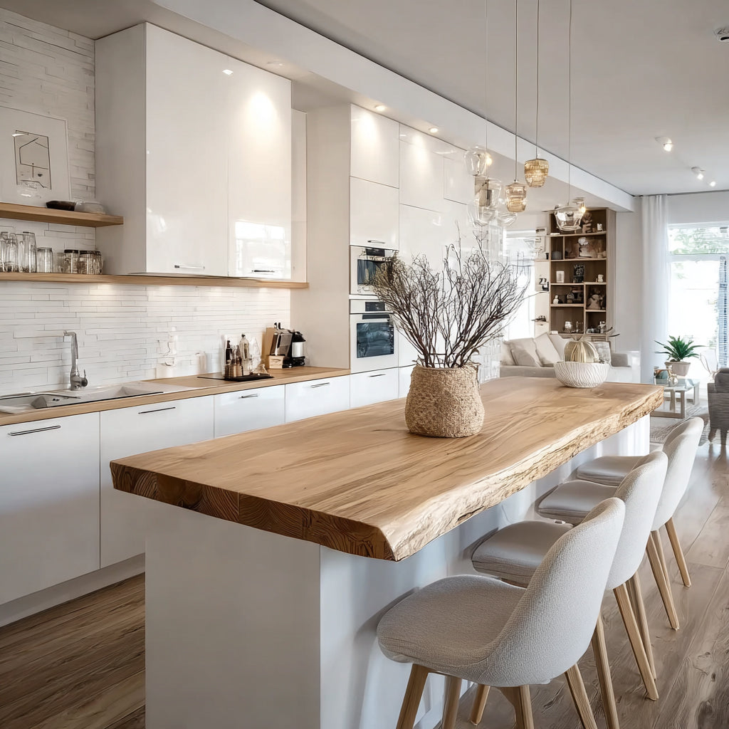 Rustikal-skandinavische Kücheninselplatte aus Massivholz mit Naturkante