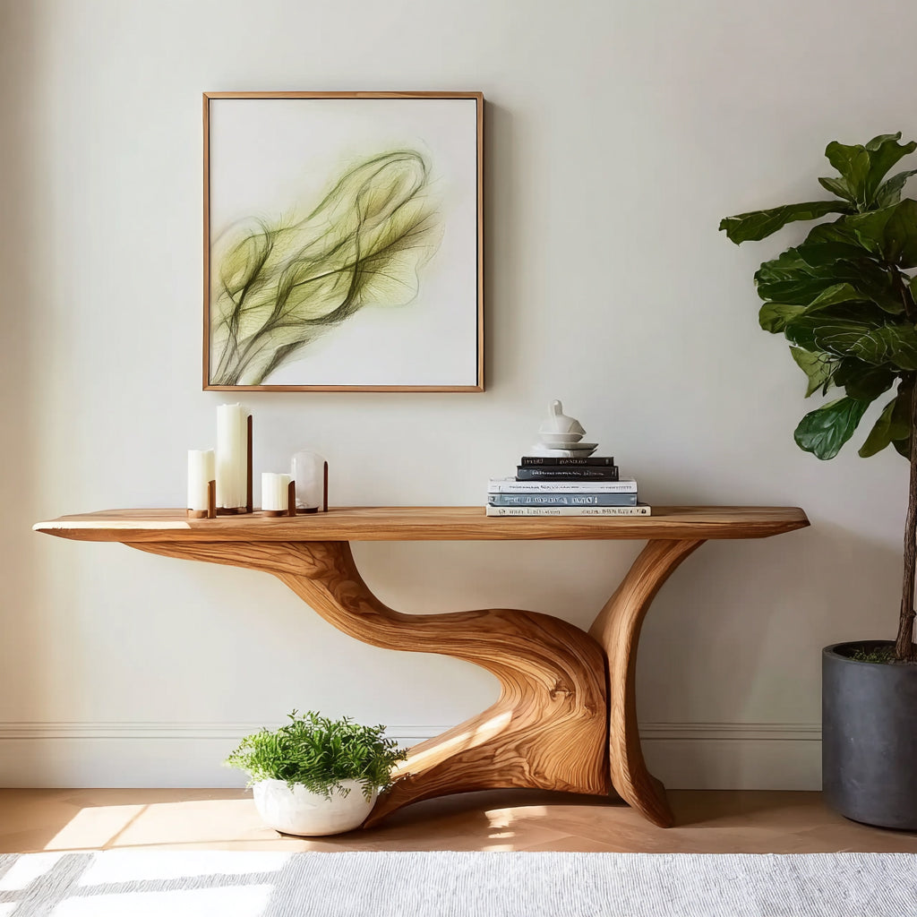 Live-Edge Konsolentisch aus Massivholz mit handgefertigtem Holzgestell