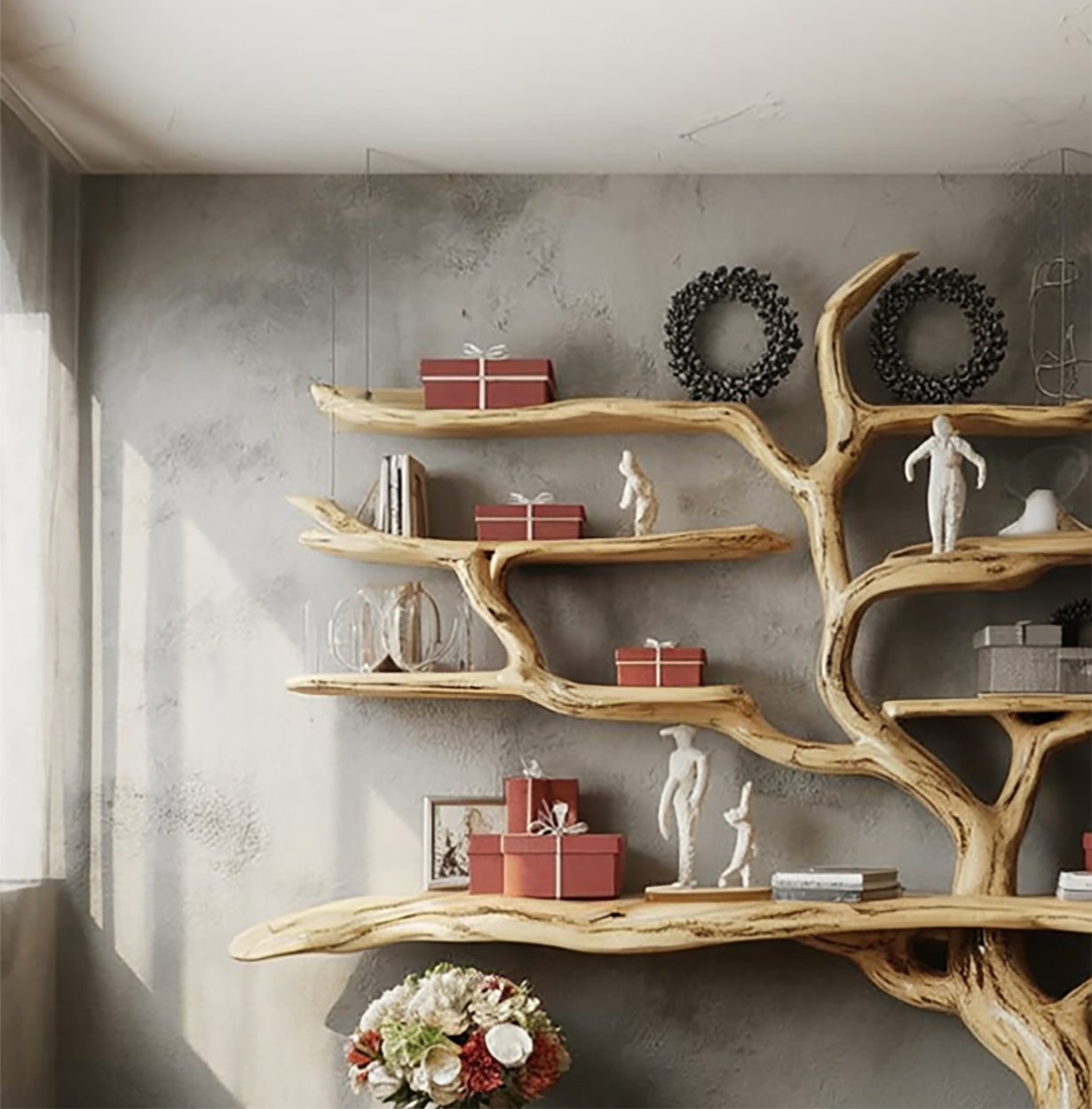 Rustikales Massivholz-Bücherregal – Handgefertigt mit Live Edge Wanddesign