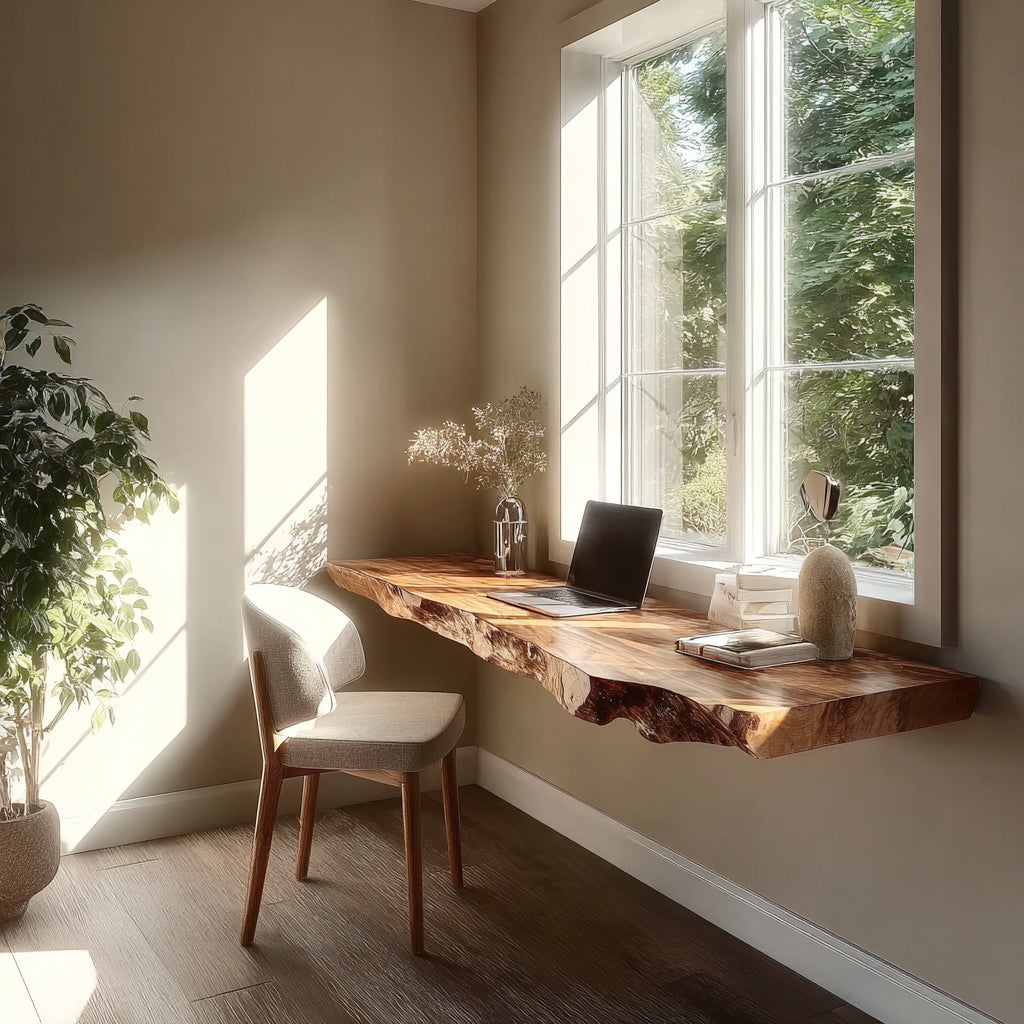 Schwebender Massivholz-Schreibtisch mit Naturkante für Homeoffice