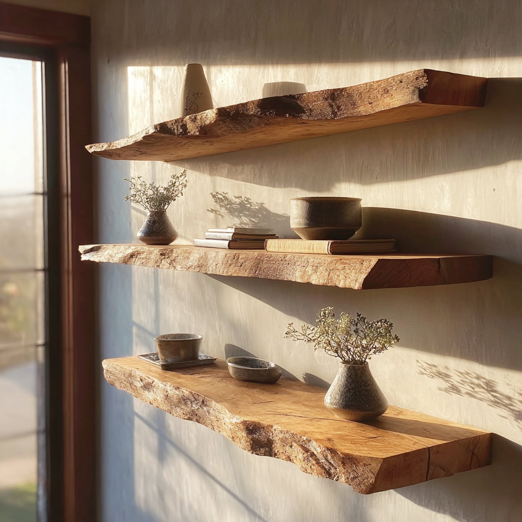 Rustikales schwebendes Wandregal mit Live Edge – Massivholz Deko