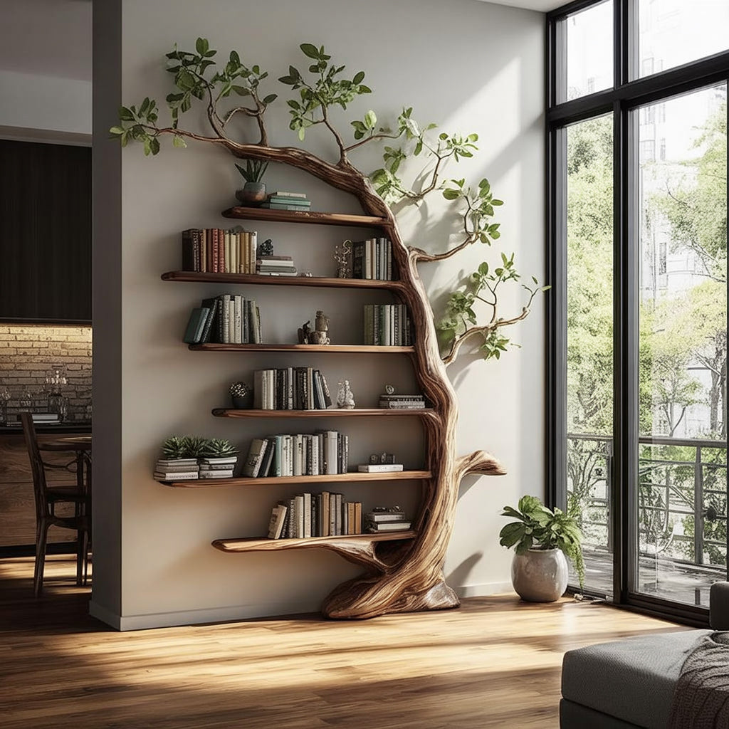 Handgefertigtes Baum-Bücherregal aus Holz – Künstlerisches Wandregal