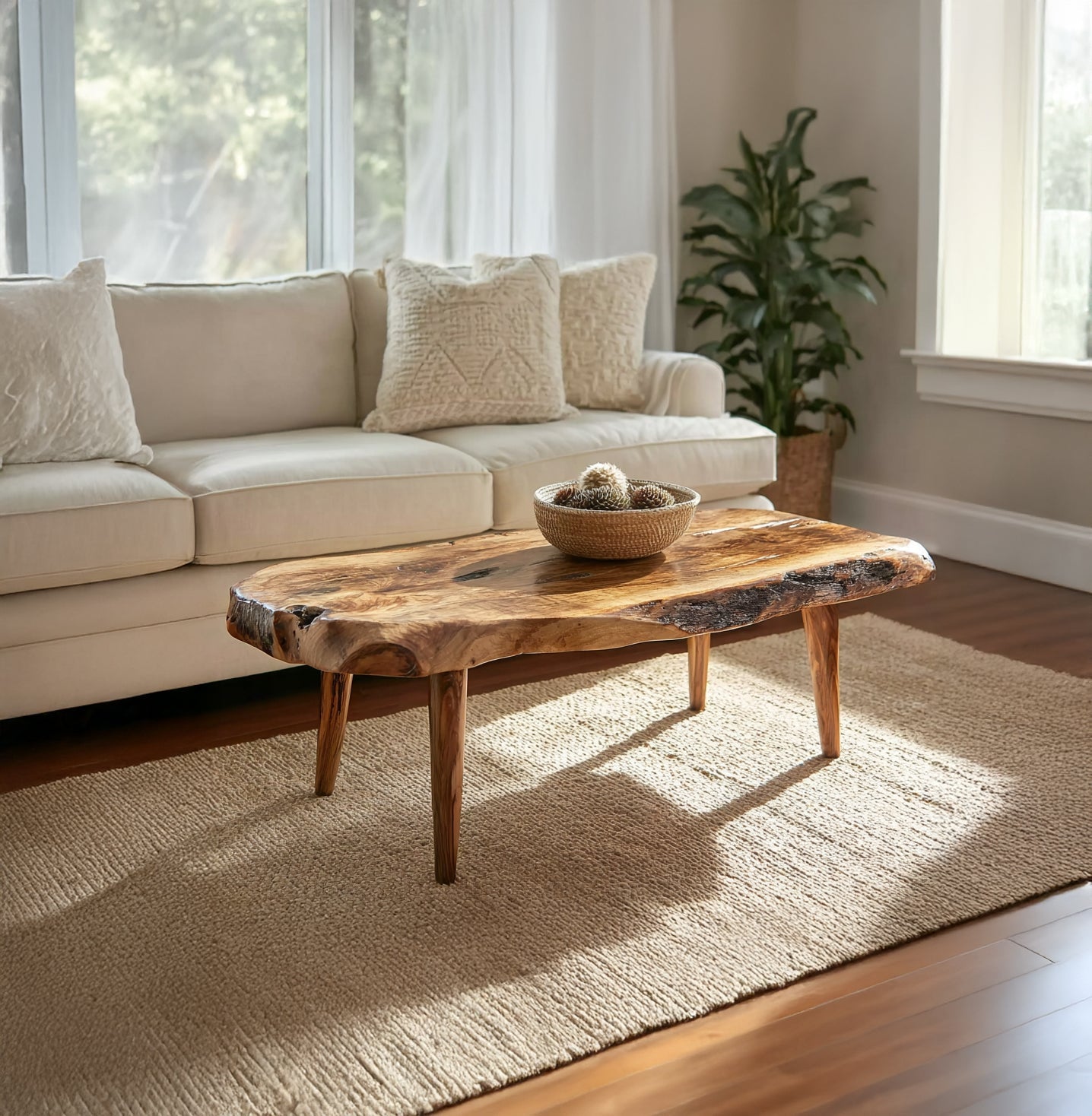 Handgefertigter Live-Edge Couchtisch aus Massivholz im rustikalen Stil