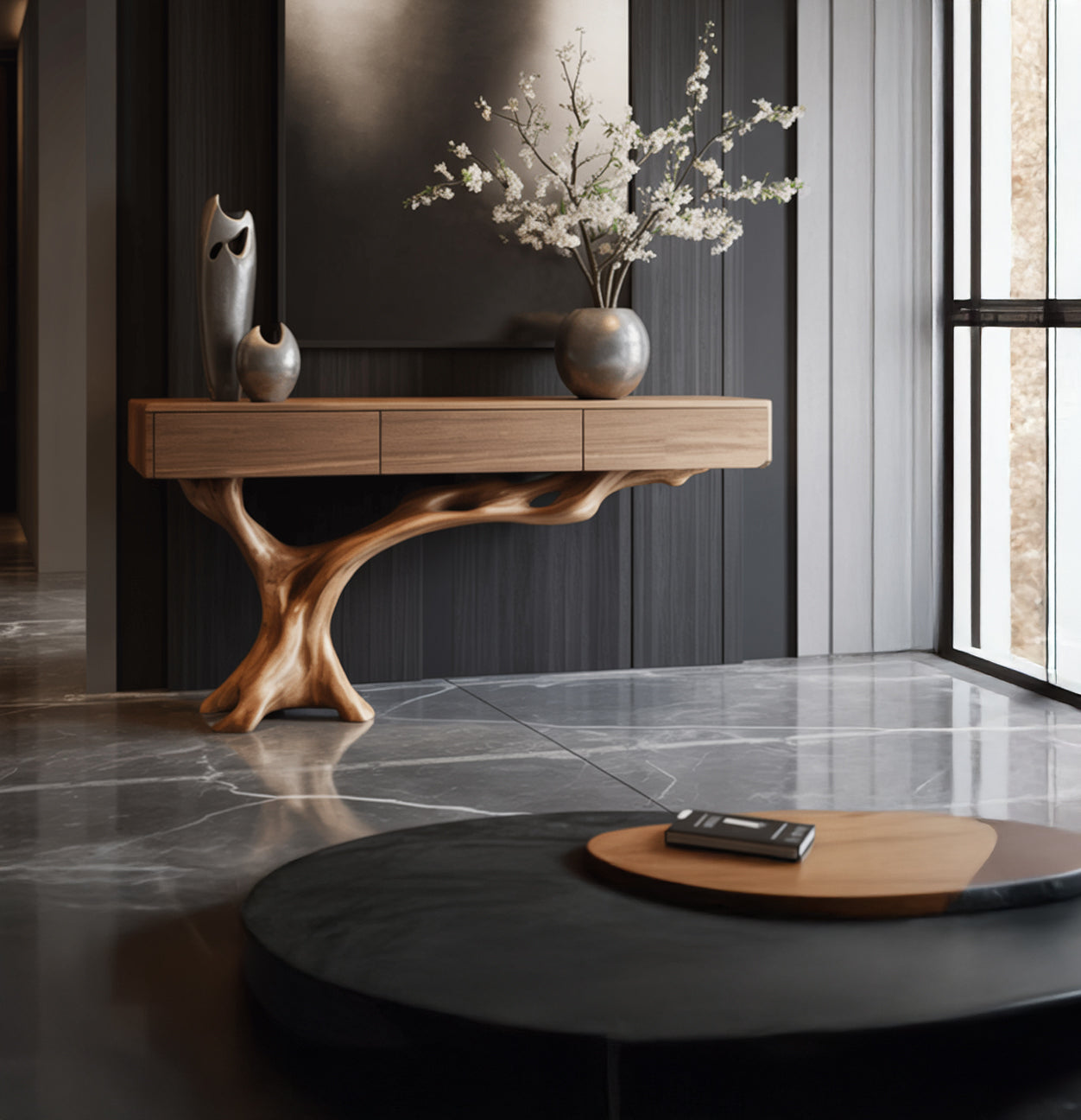 Live-Edge Konsolentisch aus Massivholz mit handgefertigtem Holzgestell