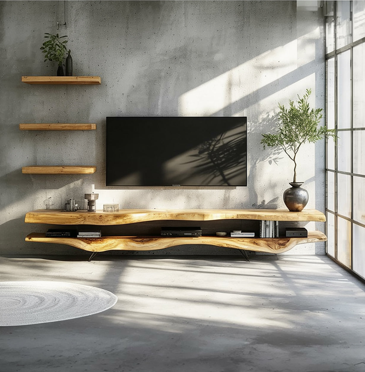 2-teiliges Massivholz-TV-Lowboard mit Rustikalen Schweberegalen