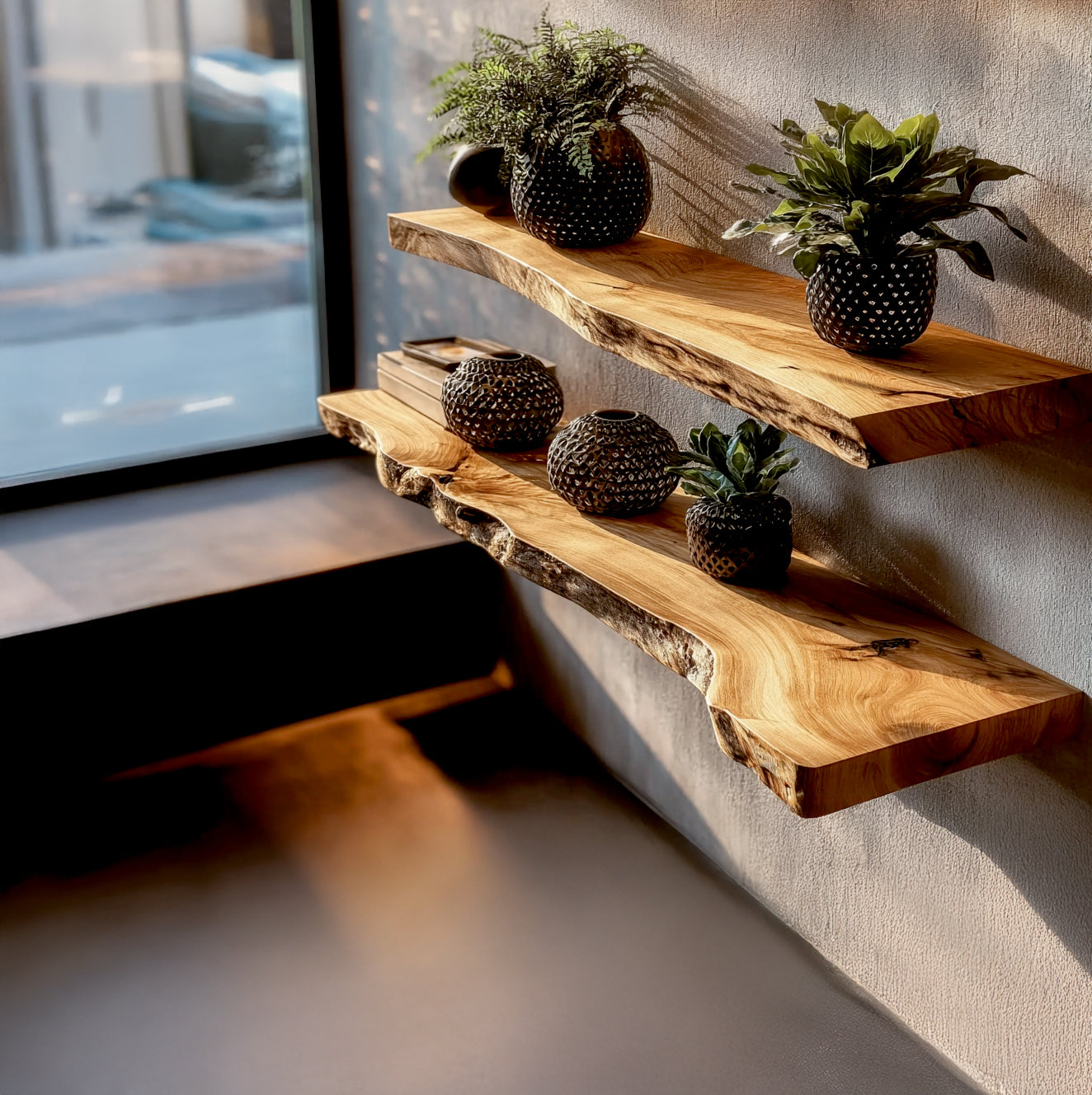 Modernes Massivholz-Wandregal – Handgefertigt, Live Edge Schwebendes Regal